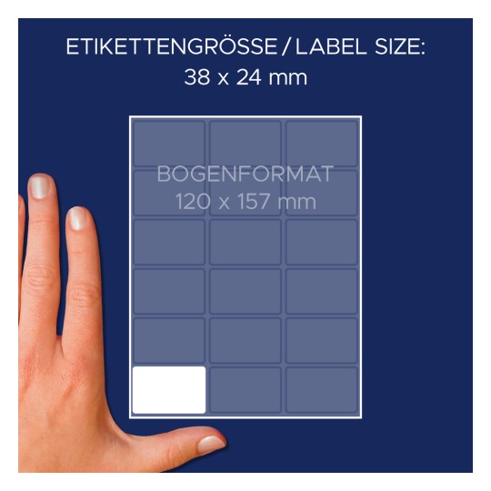 Storleksjämförelse med hand, artikel: 3325, ett ark mångsidiga etiketter, format: 38 x 24 mm, färg: vit.