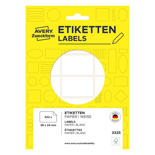 Förpackningsbild: Avery Zweckform icke A4 universala etiketter för handskrift, artikel: 3325, format: 38 x 24 mm, innehåll: 522 etiketter / 29 ark, 18 etiketter/ark.