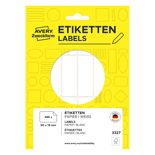 Förpackningsbild: Avery Zweckform icke A4 universala etiketter för handskrift, artikel: 3327, format: 50 x 19 mm, innehåll: 486 etiketter / 27 ark, 18 etiketter/ark.