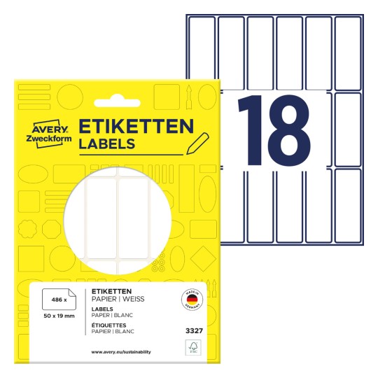 Förpackningsbild med etikettark: Avery Zweckform multifunktionella etiketter, Artikel: 3327, Format: 50 x 19 mm, Innehåll: 486 etiketter / 27 ark, 18 etiketter/ark.