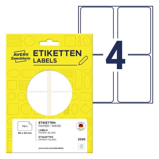 Förpackningsbild med etikettark: Avery Zweckform multifunktionella etiketter, Artikel: 3330, Format: 80 x 54 mm, Innehåll: 112 etiketter / 28 ark, 4 etiketter/ark.