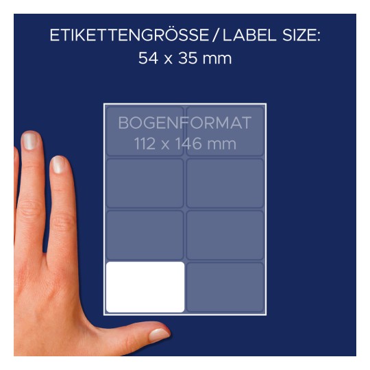 Storleksjämförelse med hand, Artikel: 3337, en ark med flerfunktionsetiketter, Format: 54 x 35 mm, Färg: Vit?