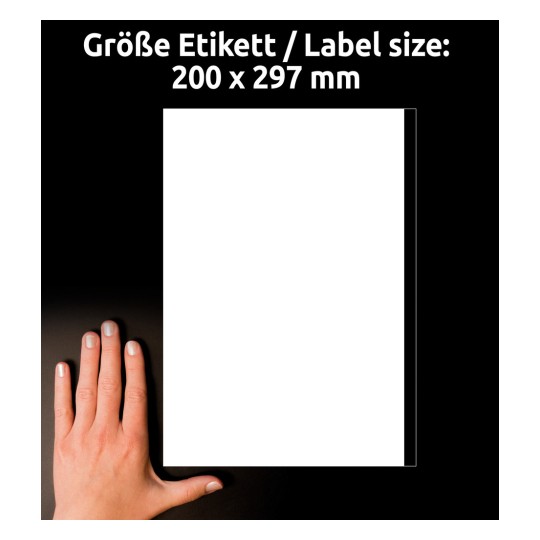 Storleksjämförelse med hand, artikel: 3418, ett ark universaletiketter, format: 200 x 297 mm, färg: vit?