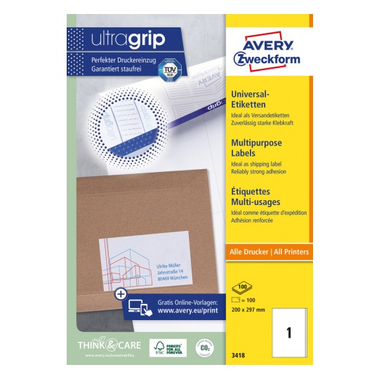 Förpackningsbild: Avery Zweckform universaletiketter, permanent vidhäftande, artikel: 3418, format: 200 x 297 mm, tryckmöjlighet: bläckstråle, laser svart/vit, färglaser, innehåll: 100 etiketter / 100 ark, 1 etikett/ark.