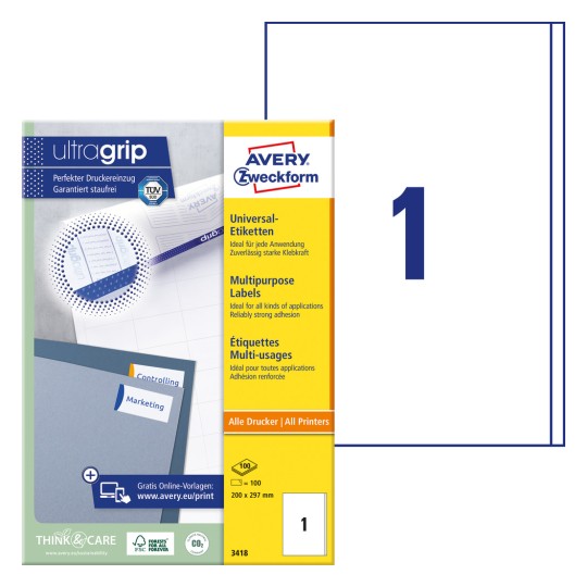 Förpackningsbild med etikettark: Avery Zweckform Universal-etiketter, Artikel: 3418, Format: 200 x 297 mm, Skrivarlämplighet: Bläckstråle, Svartvit laser, Färglaser, Innehåll: 100 etiketter / 100 ark, 1 etikett/ark.