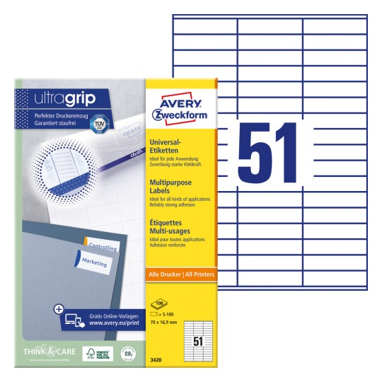 Förpackningsbild med etikettark: Avery Zweckform Universal-etiketter, Artikel: 3420, Format: 70 x 16,9 mm, Utskriftslämplighet: Bläckstråle, Laser s/v, Färglaser, Innehåll: 5.100 etiketter / 100 ark, 51 etiketter/ark.