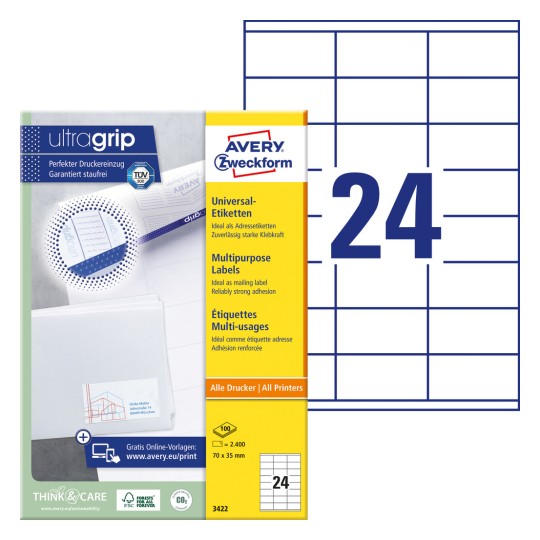 Förpackningsbild med etikettark: Avery Zweckform Universaletiketter, Artikel: 3422, Format: 70 x 35 mm, Trycklämplighet: Bläckstråleskrivare, Laser svart/vit, Färglaser, Innehåll: 2 400 etiketter / 100 ark, 24 etiketter/ark.