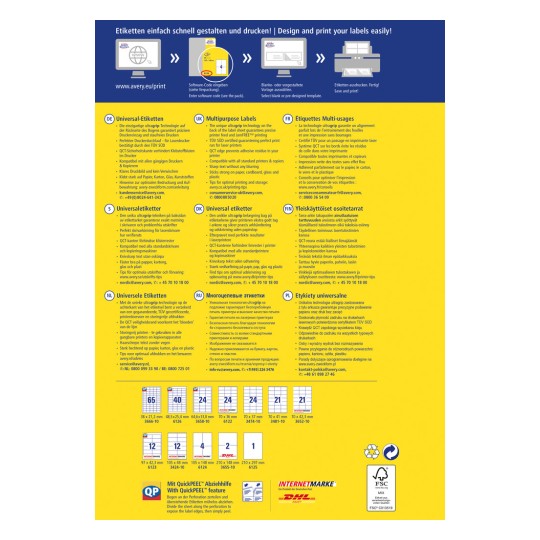 Bilden är en informationsgrafik om etikettutskrift. Den inkluderar detaljer om universella etiketter, utskriftens kompatibilitet och designinstruktioner på flera språk, tillsammans med bilder på etiketter och kontaktinformation för kundservice.