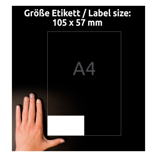 Storleksjämförelse med hand, Artikel: 3425, ett ark universaletiketter, Format: 105 x 57 mm, Färg: Vit?