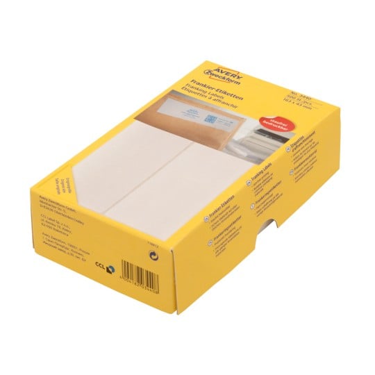 Förpackningsbild: Avery Zweckform frankeringsetiketter, Artikel: 3441, Format: 128 x 38 mm, Lämplighet för utskrift: frankeringsmaskiner, Innehåll: 500 etiketter, 500 etiketter/ark?