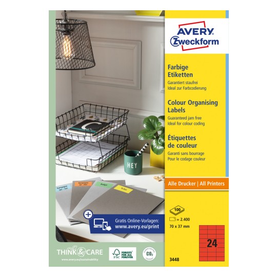 Förpackningsbild: Avery Zweckform Färgade Etiketter, permanent vidhäftning, Artikel: 3448, Format: 70 x 37 mm, Utskriftslämplighet: Bläckstråleskrivare, svartvit laserskrivare, färgskrivare, Innehåll: 2 400 etiketter / 100 ark, 24 etiketter/ark