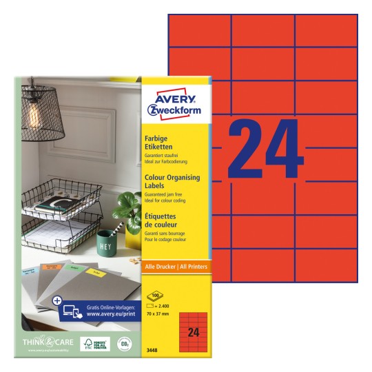 Förpackningsbild med etikettsark: Avery Zweckform Färgade etiketter, Artikel: 3448, Format: 70 x 37 mm, Utskriftskompatibilitet: Bläckstråleskrivare, svartvit laserskrivare, färglaserskrivare, Innehåll: 2.400 etiketter / 100 ark, 24 etiketter/ark.