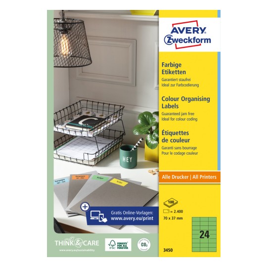 Förpackningsbild: Avery Zweckform Färgade etiketter, permanent självhäftande, Artikel: 3450, Format: 70 x 37 mm, Utskriftskapacitet: Bläckstråleskrivare, svartvitt laser, färglaser, Innehåll: 2 400 etiketter / 100 ark, 24 etiketter/ark.