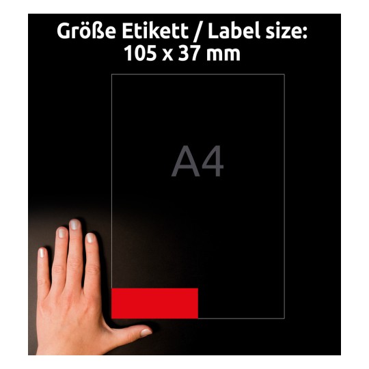 Storleksjämförelse med hand, Artikel: 3452, ett ark färgade etiketter, format: 105 x 37 mm, färg: röd.