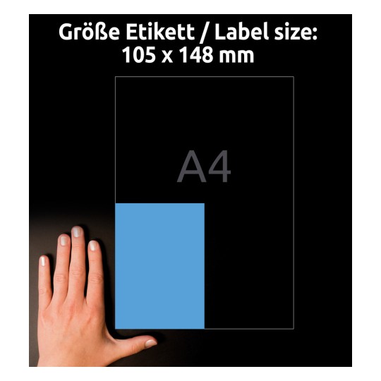 Storleksjämförelse med hand, Artikel: 3457, ett ark färgade etiketter, format: 105 x 148 mm, färg: blå?