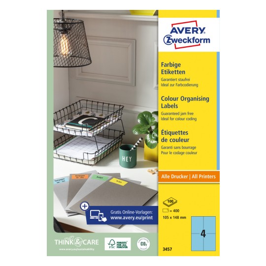 Förpackningsbild: Avery Zweckform Färgade etiketter, permanent vidhäftande, Artikel: 3457, Format: 105 x 148 mm, Utskriftskompatibilitet: Bläckstråle, svartvit laser, färglaser, Innehåll: 400 etiketter / 100 ark, 4 etiketter/ark