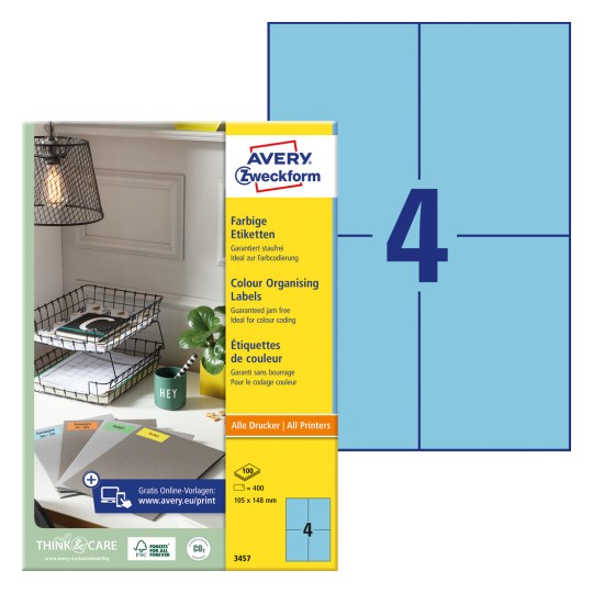 Förpackningsbild med etikettsark: Avery Zweckform Färgade etiketter, Artikel: 3457, Format: 105 x 148 mm, Utskriftsändamål: Bläckstråle, Laser s/v, Färglaser, Innehåll: 400 etiketter / 100 ark, 4 etiketter/ark.