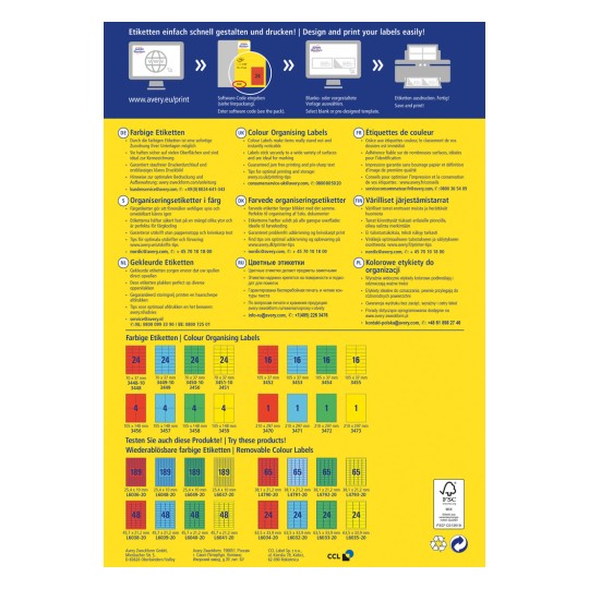 Bilden visar en annons för Averys färgorganiseringsetiketter. Den innehåller information på flera språk om produkten, instruktioner för att designa och skriva ut etiketter samt en tabell som visar olika etikettstorlekar och produktkoder.