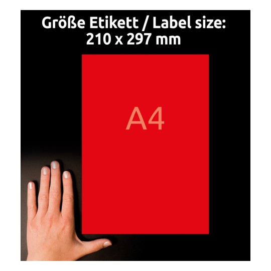 Storleksjämförelse med hand, artikel: 3470, ett ark färgade etiketter, format: 210 x 297 mm, färg: röd.