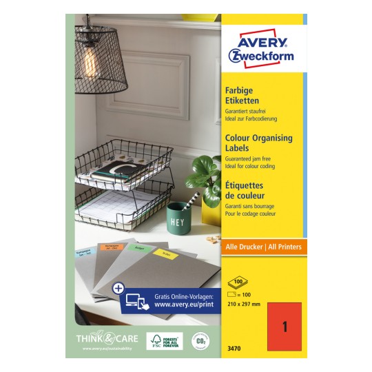 Förpackningsbild: Avery Zweckform Färgade Etiketter, permanent självhäftande, Artikel: 3470, Format: 210 x 297 mm, Skrivare: Bläckstråle, Laser svart/vit, Färglaser, Innehåll: 100 etiketter / 100 ark, 1 etikett/ark.