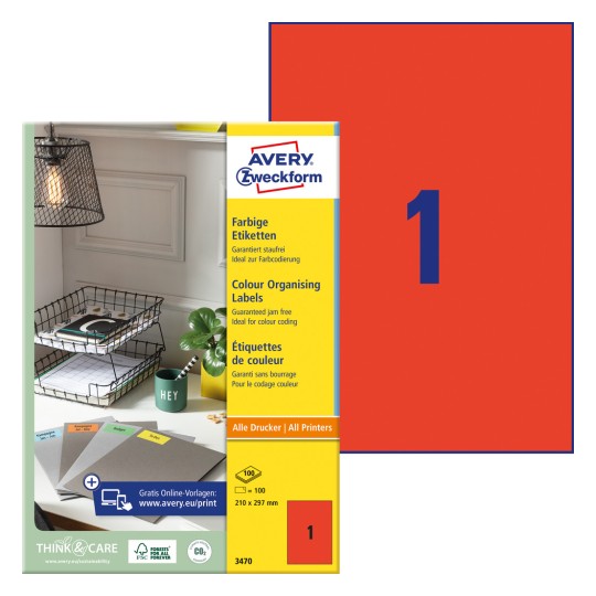 Förpackningsbild med etikettsark: Avery Zweckform Färgade etiketter, Artikel: 3470, Format: 210 x 297 mm, Utskriftslämplighet: Bläckstråle, laser svart/vit, färglaser, Innehåll: 100 etiketter / 100 ark, 1 etikett/ark.