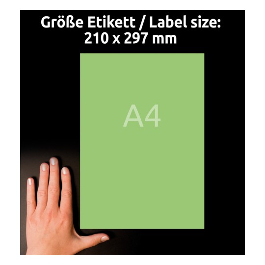 Storleksjämförelse med hand, artikel: 3472, ett ark färgade etiketter, format: 210 x 297 mm, färg: grön.