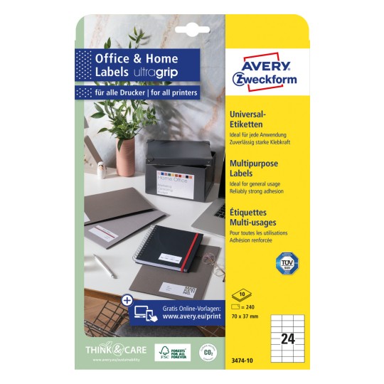 Förpackningsbild: Avery Zweckform Universaletiketter, permanent vidhäftande, Artikel: 3474-10, Format: 70 x 37 mm, Utskriftslämplighet: Bläckstråle, Svart/vit laser, Färglaser, Innehåll: 240 etiketter / 10 ark, 24 etiketter/ark.