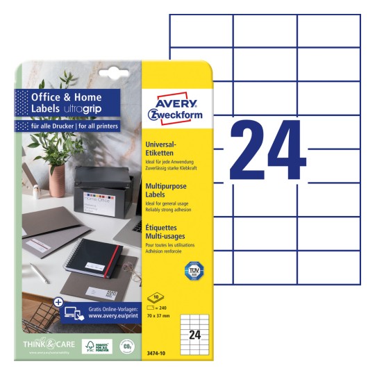 Förpackningsbild med etikettark: Avery Zweckform-etiketter, Hemmakontor, Liten förpackning, Artikel: 3474-10, Format: 70 x 37 mm, Utskrift: Bläckstråleskrivare, Svart/vit laserskrivare, Färglaserskrivare, Innehåll: 240 etiketter / 10 ark, 24 etiketter/ark.