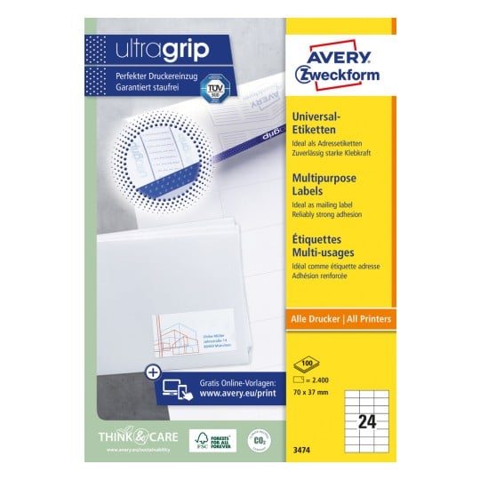 Förpackningsbild: Avery Zweckform Universal-Etiketter, permanent självhäftande, Artikel: 3474, Format: 70 x 37 mm, Utskriftslämplighet: Bläckstråle, Laser s/v, Färglaser, Innehåll: 2 400 etiketter / 100 ark, 24 etiketter/ark.