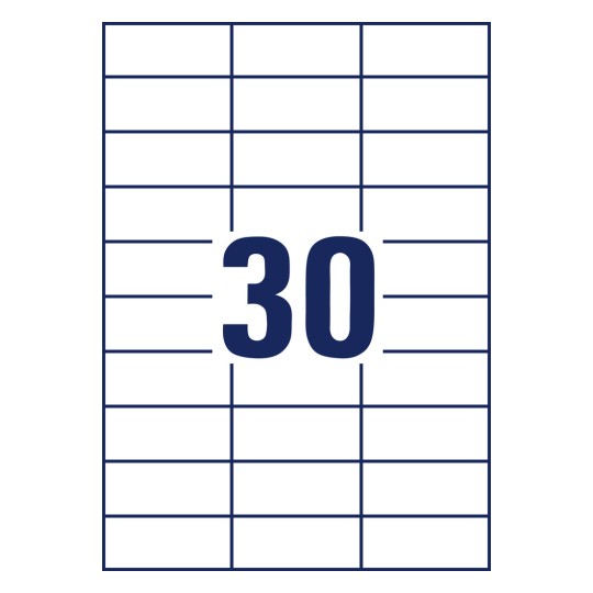 Stansritning Enkelt ark A4, Artikel: 3489, Universaletiketter, Format: 70 x 29,7 mm, 30 etiketter/ark.