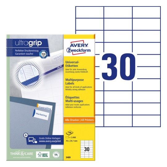 Förpackningsbild med etikettsark: Avery Zweckform Universal-etiketter, Artikel: 3489, Format: 70 x 29,7 mm, Utskriftslämplighet: Bläckstråle, Laser s/v, Färglaser, Innehåll: 3 000 etiketter / 100 ark, 30 etiketter/ark.