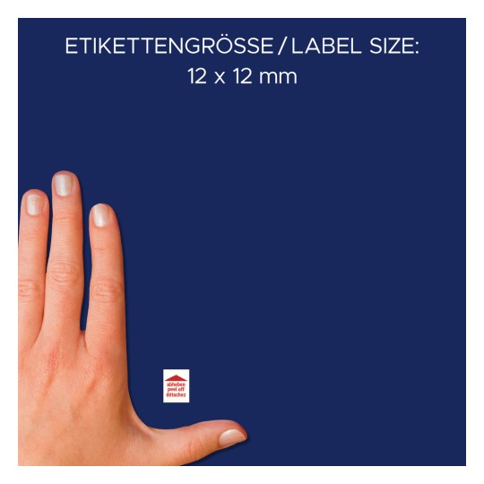 Storleksjämförelse med hand, artikel: 3516, ett ark fotokett, format: 12 x 12 mm, färg: vit.