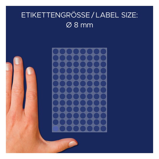 Storleksjämförelse med hand, Artikel: 3591, ett ark markeringspunkter, Format: ⌀ 8 mm, Färg: Blå?