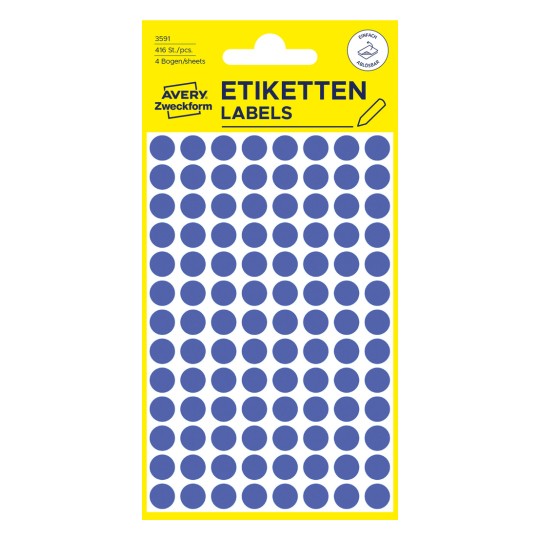 Förpackningsbild: Avery Zweckform Färgade markeringspunkter, Artikel: 3591, Format: ⌀ 8 mm, Innehåll: 416 markeringspunkter / 4 ark, 104 markeringspunkter/ark.