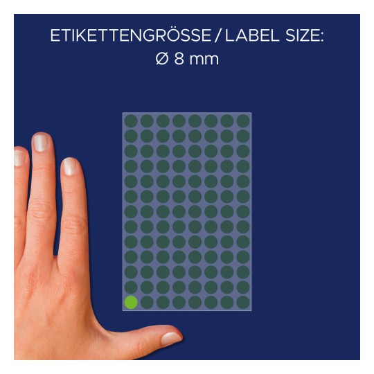 Storleksjämförelse med hand, artikel: 3592, ett ark markeringspunkter, format: ⌀ 8 mm, färg: Grön?