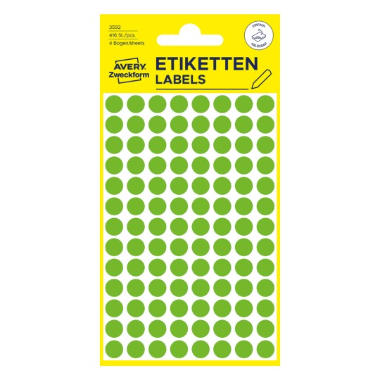 Förpackningsbild: Avery Zweckform Färgade Märkpunkter, Artikel: 3592, Format: ⌀ 8 mm, Innehåll: 416 märkpunkter / 4 ark, 104 märkpunkter/ark.
