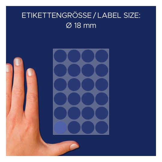 Storleksjämförelse med hand, artikel: 3596, ett ark markeringspunkter, format: ⌀ 18 mm, färg: blå?