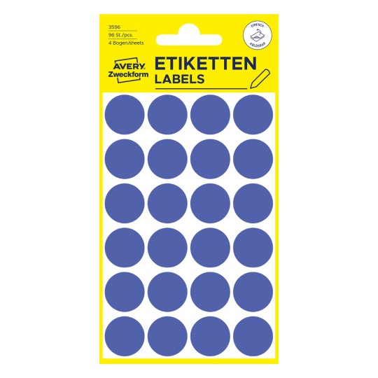 Förpackningsbild: Avery Zweckform Färgade Märkningspunkter, Artikel: 3596, Format: ⌀ 18 mm, Innehåll: 96 Märkningspunkter / 4 ark, 24 Märkningspunkter/ark.