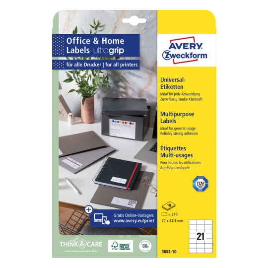 Förpackningsbild: Avery Zweckform Universal-etiketter, permanent vidhäftande, artikel: 3652-10, format: 70 x 42,3 mm, utskriftskompatibilitet: bläckstråle, lasere, färglasere, innehåll: 210 etiketter / 10 ark, 21 etiketter/ark.