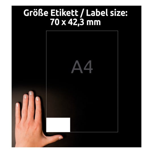 Storleksjämförelse med hand, artikel: 3652, ett ark med universaletiketter, format: 70 x 42,3 mm, färg: vit.