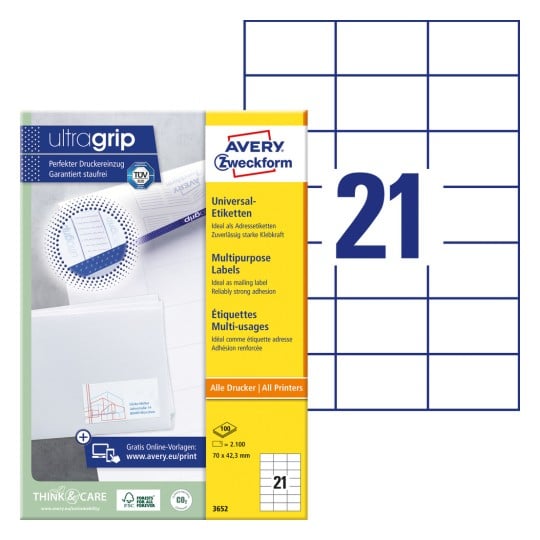 Förpackningsbild med etikettark: Avery Zweckform Universaletiketter, Artikel: 3652, Format: 70 x 42,3 mm, Skrivaröverensstämmelse: Bläckstråle, laser svart/vit, färglaser, Innehåll: 2.100 etiketter / 100 ark, 21 etiketter/ark.
