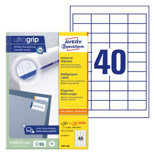 Förpackningsbild med etikettark: Avery Zweckform Universal-etiketter, Artikel: 3657, Format: 48,5 x 25,4 mm, Utskriftslämplighet: Bläckstråleskrivare, Laser svart/vit, Färglaser, Innehåll: 4 000 etiketter / 100 ark, 40 etiketter/ark.