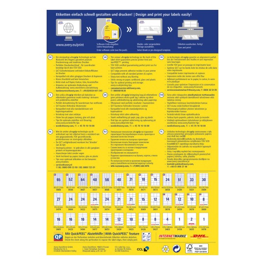 En instruktionsbild som visar etikettskrivningsteknik och alternativ. Den innehåller information på flera språk om hur man designar och skriver ut etiketter, inklusive tips och lämpliga material. Det finns också en tabell med olika etikettsstorlekar och koder.