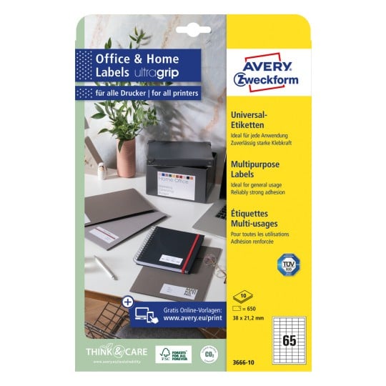Förpackningsbild: Avery Zweckform Universal-etiketter, permanent självhäftande, Artikel: 3666-10, Format: 38 x 21,2 mm, Skrivkompatibilitet: Bläckstråleskrivare, svartvit laser, färglaser, Innehåll: 650 etiketter / 10 ark, 65 etiketter/ark?