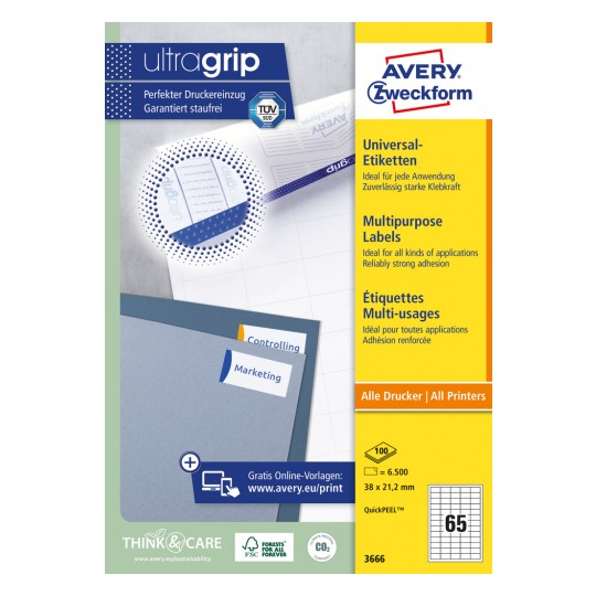Förpackningsbild: Avery Zweckform Universaletiketter, permanent vidhäftande, artikel: 3666, format: 38 x 21,2 mm, utskriftslämplighet: Bläckstråleskrivare, svart/vit laserskrivare, färglaserskrivare, innehåll: 6.500 etiketter / 100 ark, 65 etiketter/ark.