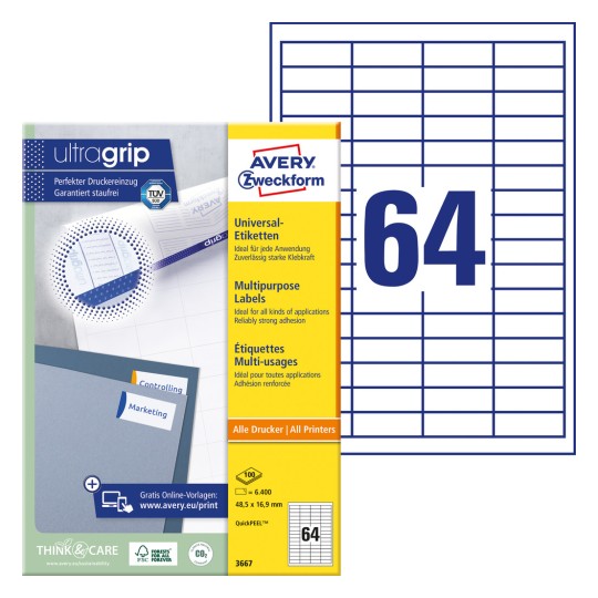 Förpackningsbild med etikettark: Avery Zweckform Universal-etiketter, Artikel: 3667, Format: 48,5 x 16,9 mm, Skrivarpassande: Bläckstråle, Laser s/v, Färglaser, Innehåll: 6.400 etiketter / 100 ark, 64 etiketter/ark.