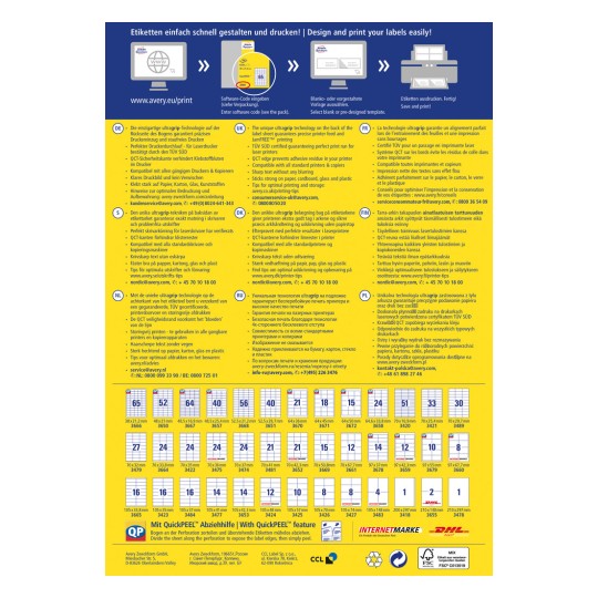 Bilden är en färgglad annons för Averys etikettryckteknik, med sektioner på flera språk som ger information om etikettutformning, trycktips och produktfunktioner. Den innehåller exempel på etikettmallar, kompatibilitetstips och kontaktuppgifter till kundservice.