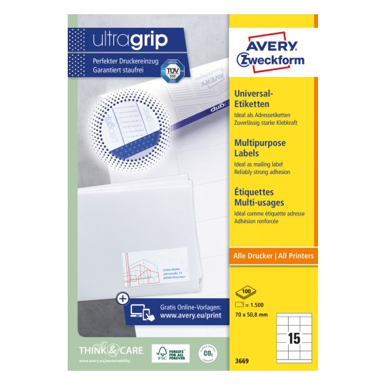 Förpackningsillustration: Avery Zweckform universaletiketter, permanent fästande, Artikel: 3669, Format: 70 x 50,8 mm, Tryckanpassning: bläckstråle, laser svart/vit, färglaserskrivare, Innehåll: 1.500 etiketter / 100 ark, 15 etiketter/ark.