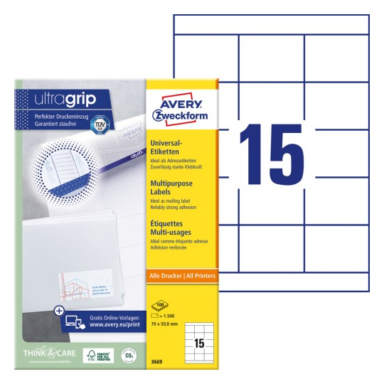 Förpackningsbild med etikettark: Avery Zweckform Universal-etiketter, Artikel: 3669, Format: 70 x 50,8 mm, Skrivarutrustning: Bläckstråle, Laser s/v, Färglaser, Innehåll: 1.500 etiketter / 100 ark, 15 etiketter/ark.