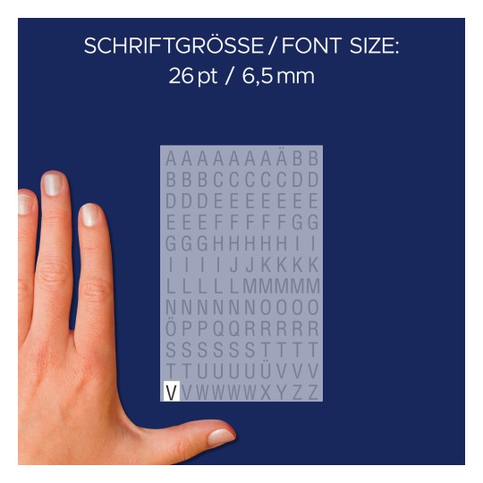 Storleksjämförelse med hand, artikel: 3720, ett ark bokstavsetiketter, format: 85 x 160 mm, färg: svart.